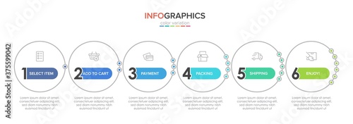 Concept of shopping process with 6 successive steps. Six colorful graphic elements. Timeline design for brochure, presentation, web site. Infographic design layout.