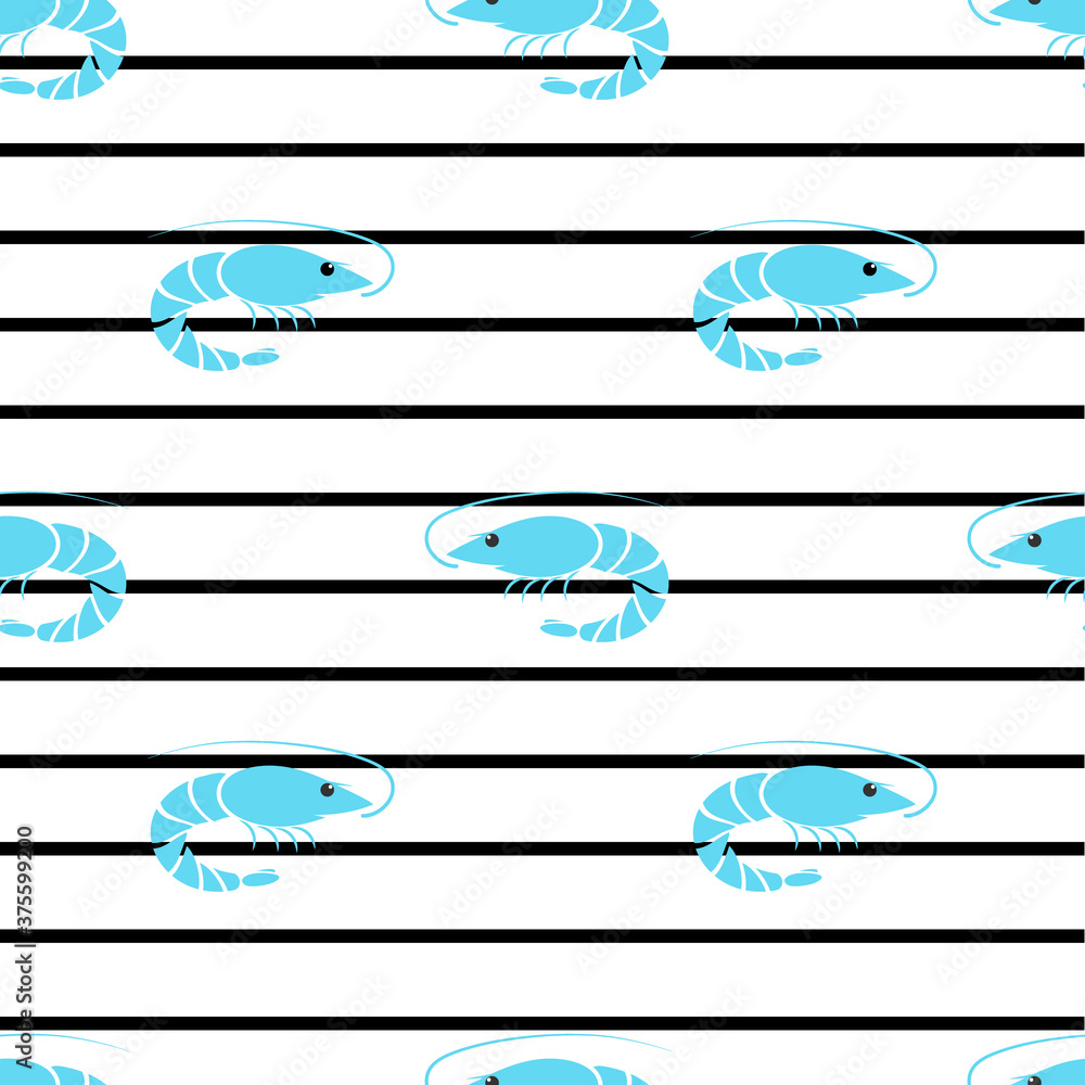 Fototapeta premium Shrimp seamless vector illustration. Fresh sea food pattern on white background. 