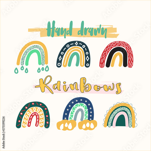 Vector set of adorable rainbows clipart in trendy Scandinavian style. Funny, cute, hygge illustration for poster, textile, decoration kids playroom or greeting card. Hand drawn prints and doodle.