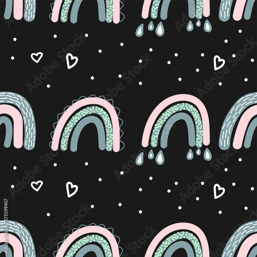 Adorable rainbow clipart seamless pattern in trendy Scandinavian style. Funny, cute, hygge illustration for poster, textile, decoration kids playroom or greeting card. Hand drawn doodle background.