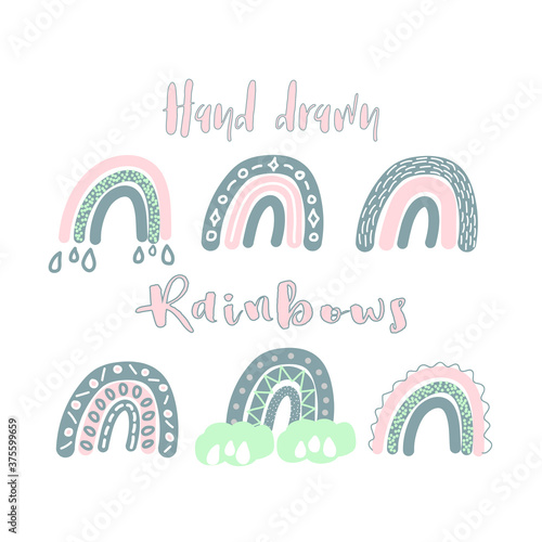 Vector set of adorable rainbows clipart in trendy Scandinavian style. Funny, cute, hygge illustration for poster, textile, decoration kids playroom or greeting card. Hand drawn prints and doodle.