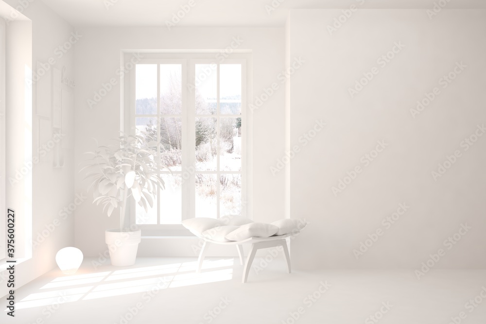 White stylish minimalist room with armchair and winter landscape in window. Scandinavian interior design. 3D illustration White stylish minimalist room with armchair and winter landscape in window. Scandinavian interior design. 3D illustration
