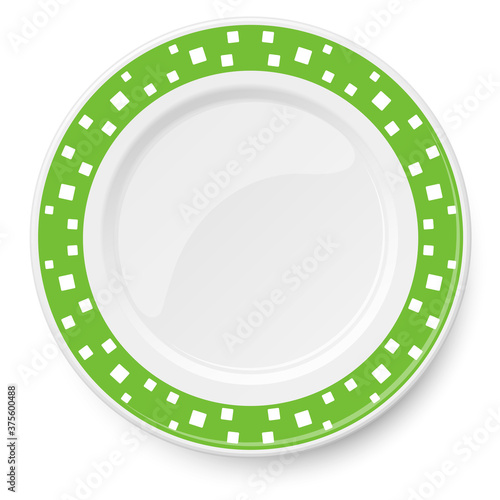 Green vector plate with white pattern of square elements of different sizes placed chaotically, isolated on white background