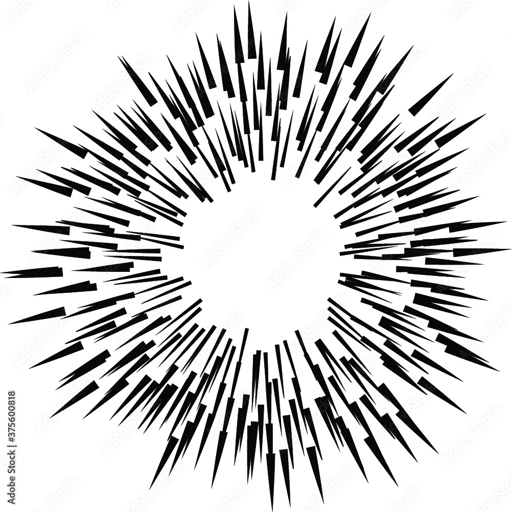Radial Lines in Circle Form for comic books . Explosion background . Vector Illustration . Vintage round Logo . Handwritten Design element . Abstract Geometric shape . Sunburst .