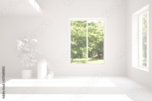 White stylish empty room with summer landscape in window. Scandinavian interior design. 3D illustration