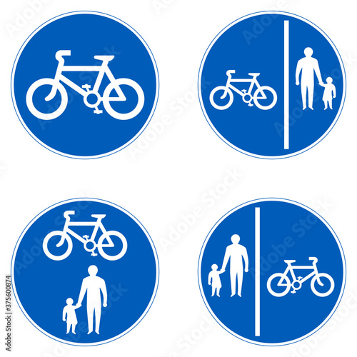 Route for use by pedal cycles only road sign. Divided track for cyclists and pedestrians only traffic sign. Shared path route for bikes and pedestrians. Collection of blue circle signs.