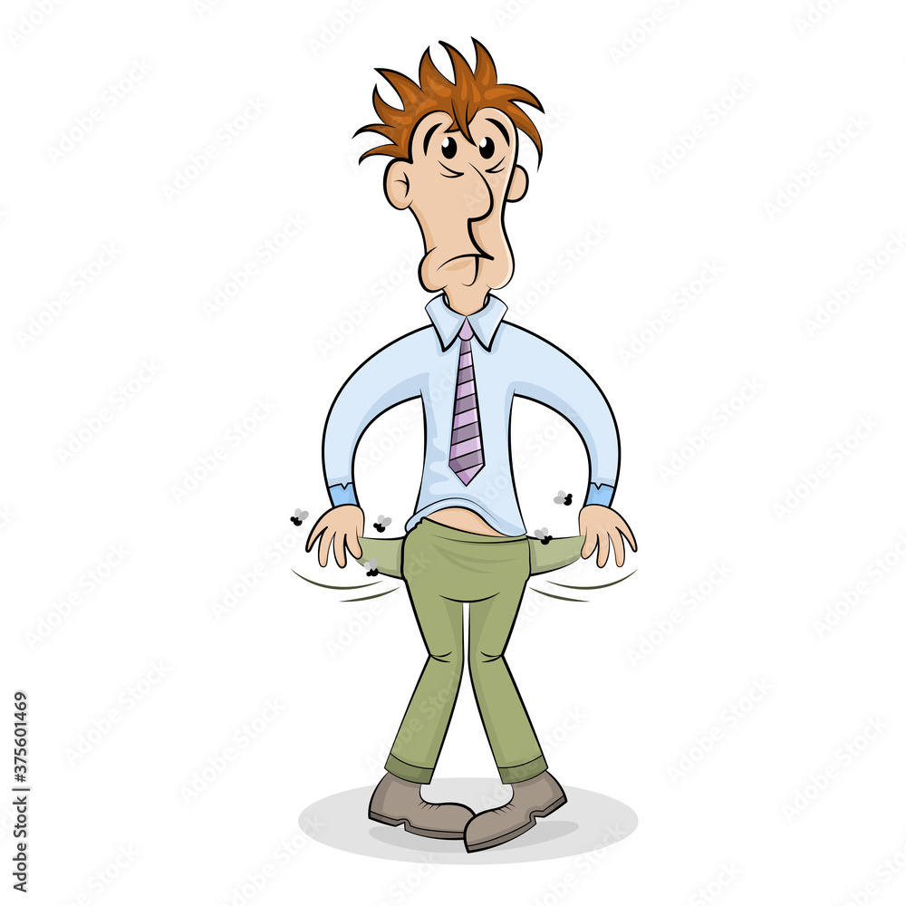 Unemployed sad cartoon man showing empty pockets. Poverty and absence of money. No Money vector concept. Unemployed sad cartoon man showing empty pockets. Poverty and absence of money. No Money vector concept.