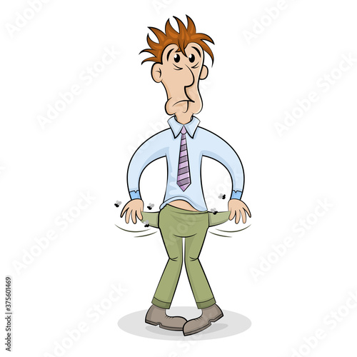 Unemployed sad cartoon man showing empty pockets. Poverty and absence of money. No Money vector concept.