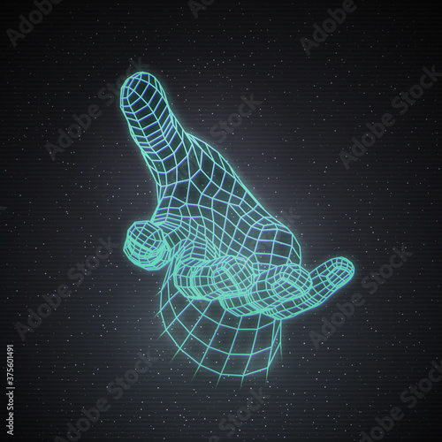 Retro 80s Futuristic Deep Space Design. Polygonal Human Hand With Offering Help Gesture photo