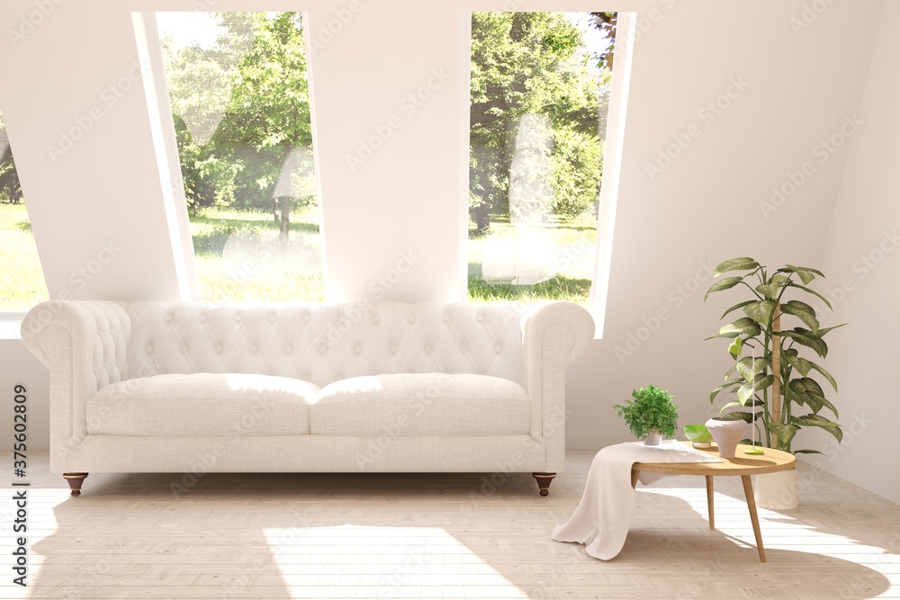 Plakat White stylish minimalist room with sofa and summer landscape in window. Scandinavian interior design. 3D illustration