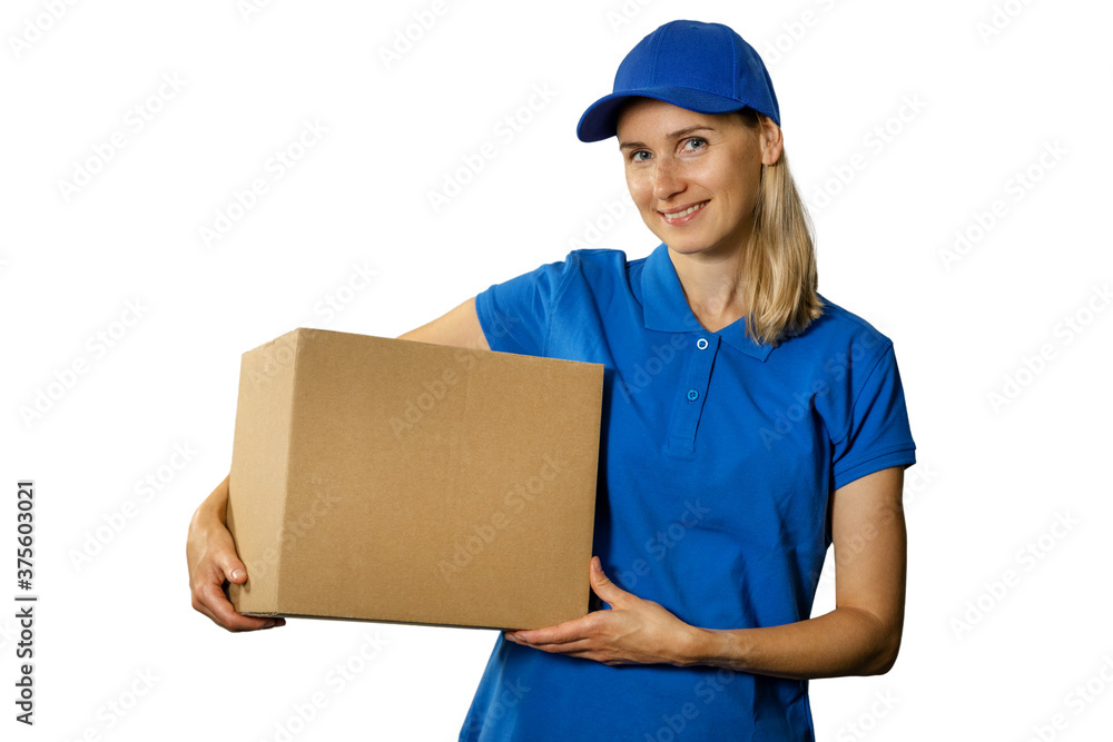 delivery woman in blue uniform holding blank cardboard box. isolated on white background delivery woman in blue uniform holding blank cardboard box. isolated on white background