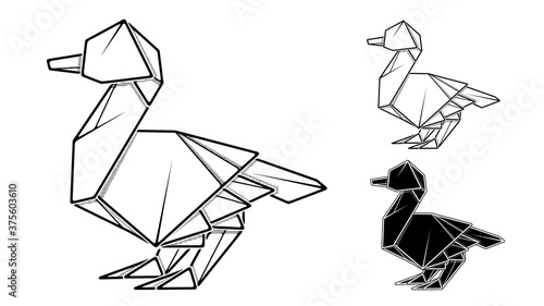 Vector monochrome image of paper origami of duck (contour drawing by line).
