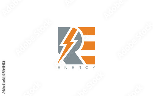 Letter R and E logo formed electrical symbol in orange color