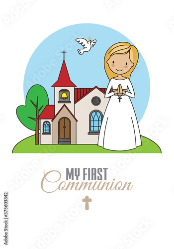 First communion card. Girl praying with church in background