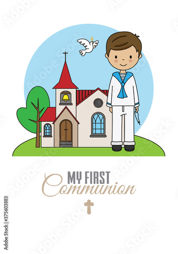 First communion card.  Boy with a crucifix in his hand and with the church in the background