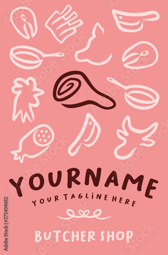 Butcher shop, domestic meat animals, poster and illustration. Meat, fish, cooking utensils, pan and knife, vector design and menu