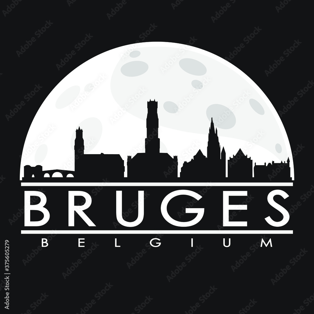 Bruges Belgium Full Moon Night Skyline Silhouette Design City Vector Art.