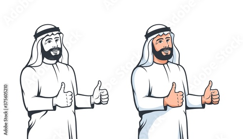 Happy Arabian man thumbs up in retro style. Arab muslim smiling with hand positive gesture. Ok sign. Vector isolated cartoon illustration.