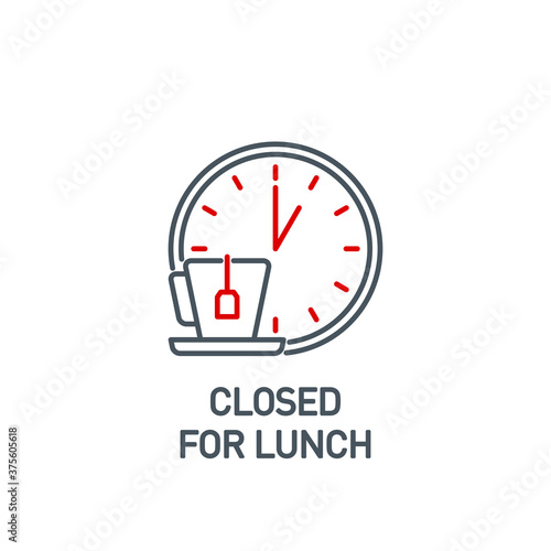 mobile app food time on the clock icon isolated on white. outline app symbol wall clock with a mug and a label tea bags. Quality element lunch break time with editable Stroke. noon on the watch banner
