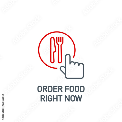 mobile app icon online order and food delivery banner isolated on white background. outline app symbol food order cursor hand with knife and fork. Quality element select nutrition with editable Stroke