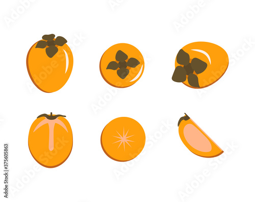 Bright vector set of colorful half, slice and whole juicy persimmon. Fresh cartoon persimmon isolated on white background.