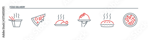 mobile app icons set online order and food delivery banner isolated on white. outline app symbols fast food: pizza, wok noodles in paper box, pie, chicken turkey. Quality elements with editable Stroke