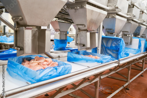 line packing meat products, meat factory.Food Convenience food. photo