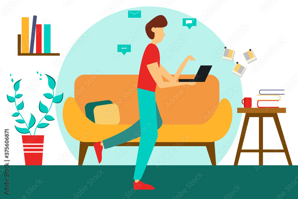 Man with laptop at home. Freelancer or student. Vector illustration in a flat style. Man with laptop at home. Freelancer or student. Vector illustration in a flat style.