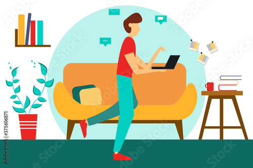 Man with laptop at home. Freelancer or student. Vector illustration in a flat style. 
