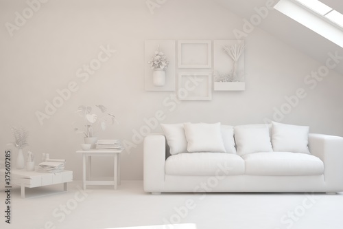 White minimalist living room with sofa. Scandinavian interior design. 3D illustration © AntonSh