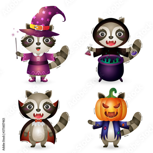 cute raccoons with costume halloween character collection