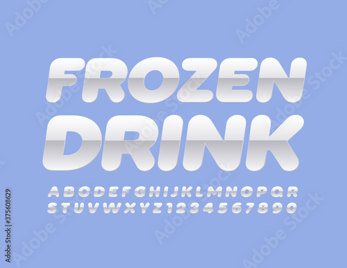 Vector iced sign Frozen Drink. Modern glossy Font. Set of White Alphabet Letters and Numbers