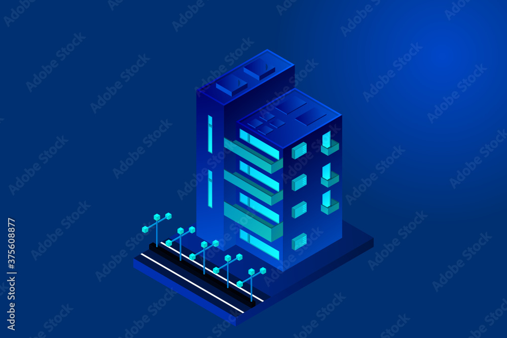 Smart city. Futuristic buildings on an abstract ultraviolet background. Modern vector illustration isometric style. Smart city. Futuristic buildings on an abstract ultraviolet background. Modern vector illustration isometric style.
