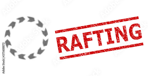 Circulation halftone dotted vector and Rafting unclean seal. Seal includes Rafting tag between parallel lines. Circulation vector is done of halftone array which contains round dots.