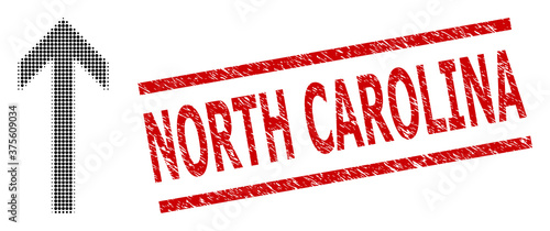 Arrow up halftone dotted illustration and North Carolina corroded stamp seal. Stamp seal includes North Carolina title between parallel lines.