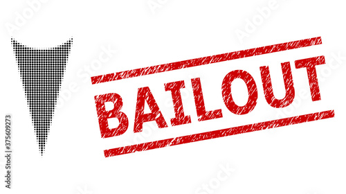 Arrowhead down halftone dotted vector and Bailout grunge stamp seal. Seal includes Bailout title between parallel lines. Arrowhead down vector is designed of halftone array which contains round dots.