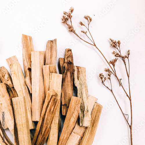 Natural incense White Sage and Palo Santo. Sacred tree of South America, color square photo.White Sage and Palo Santo on white background. 