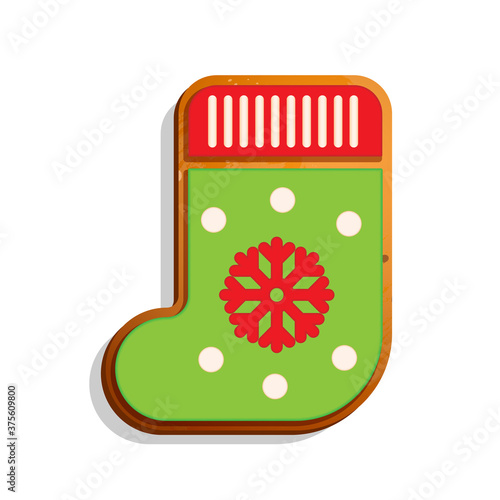 Merry Christmas. Christmas gingerbread cookies  with picture of sock. Winter holiday food. Vector illustration