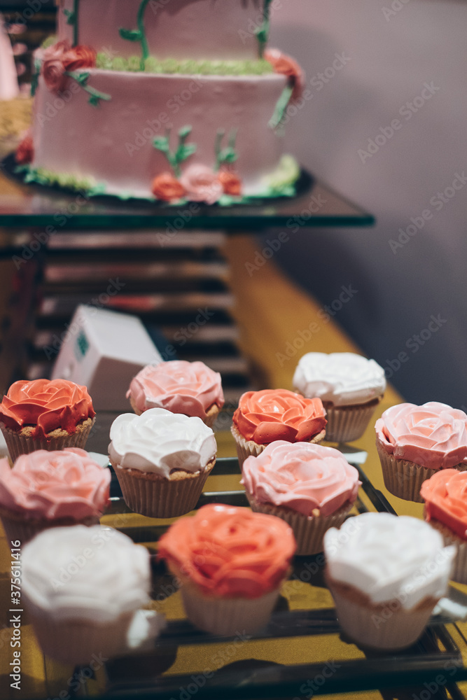 Closeup and in focus the cupcakes with rose pattern sweet cream topping in pink, white, and red orange colors. Portrait orientation. Selective focus. Closeup and in focus the cupcakes with rose pattern sweet cream topping in pink, white, and red orange colors. Portrait orientation. Selective focus.