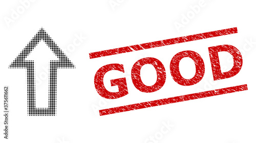 Arrow up halftone dotted pictogram and Good textured stamp seal. Stamp seal includes Good caption between parallel lines. Arrow up vector is created with halftone array which contains round pixels.