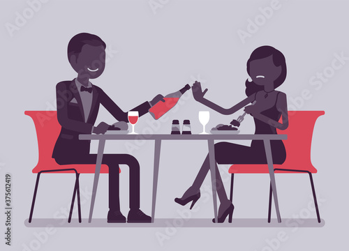 Alcohol refusal in pressure to drink. Man and woman enjoy date in restaurant  cafe dinner  offer and no thanks  enough reply  person choosing healthy lifestyle. Vector creative stylized illustration