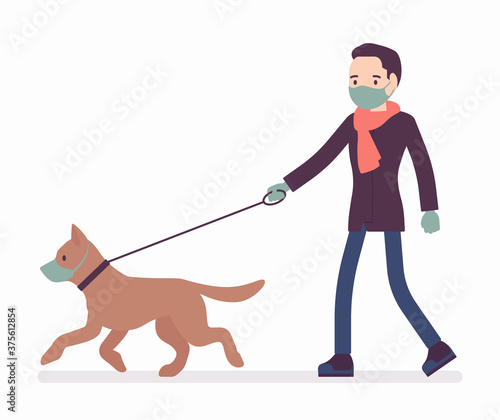Man walking with dog under quarantine wearing mask, gloves. Pet owner taking puppy for walk, following infection protection measures and restrictions from virus. Vector flat style cartoon illustration
