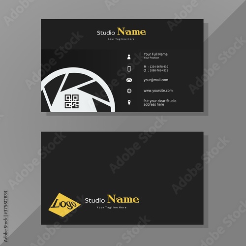 Vector graphics of business card with QR code in modern style in black, yellow and white. Perfect to use for movie maker studio