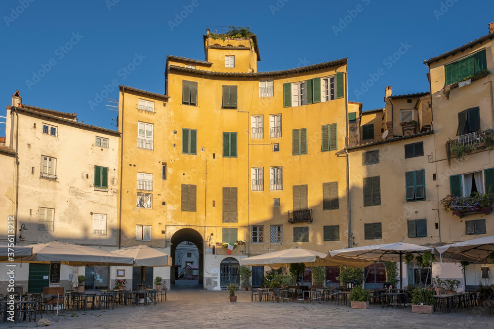 Piazza Anfiteatro in Lucca, Tuscany Italy on a sunny day