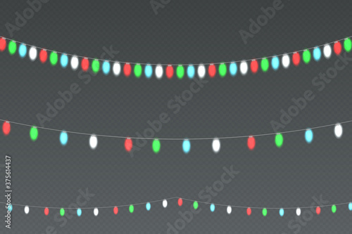 Christmas lights background. Set of color garlands, festive decorations.