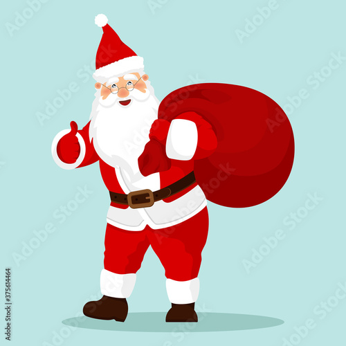 Christmas Santa Claus with gift, bag with presents for Christmas cards, banners, tags and labels.
