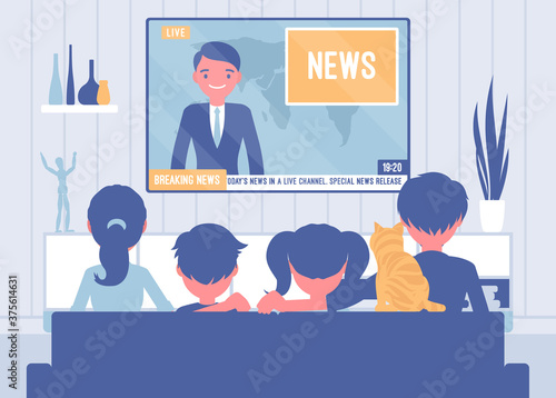 Family sitting watching together TV news at home. Broadcast report of recent events for parents and children spending time in front of tv set screen. Vector flat style cartoon illustration, rear view