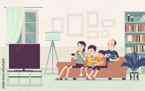 Family sitting watching together TV at home. Happy parents and children spending free time, weekends or evening in cozy room, relaxing in front of tv set screen. Vector flat style cartoon illustration