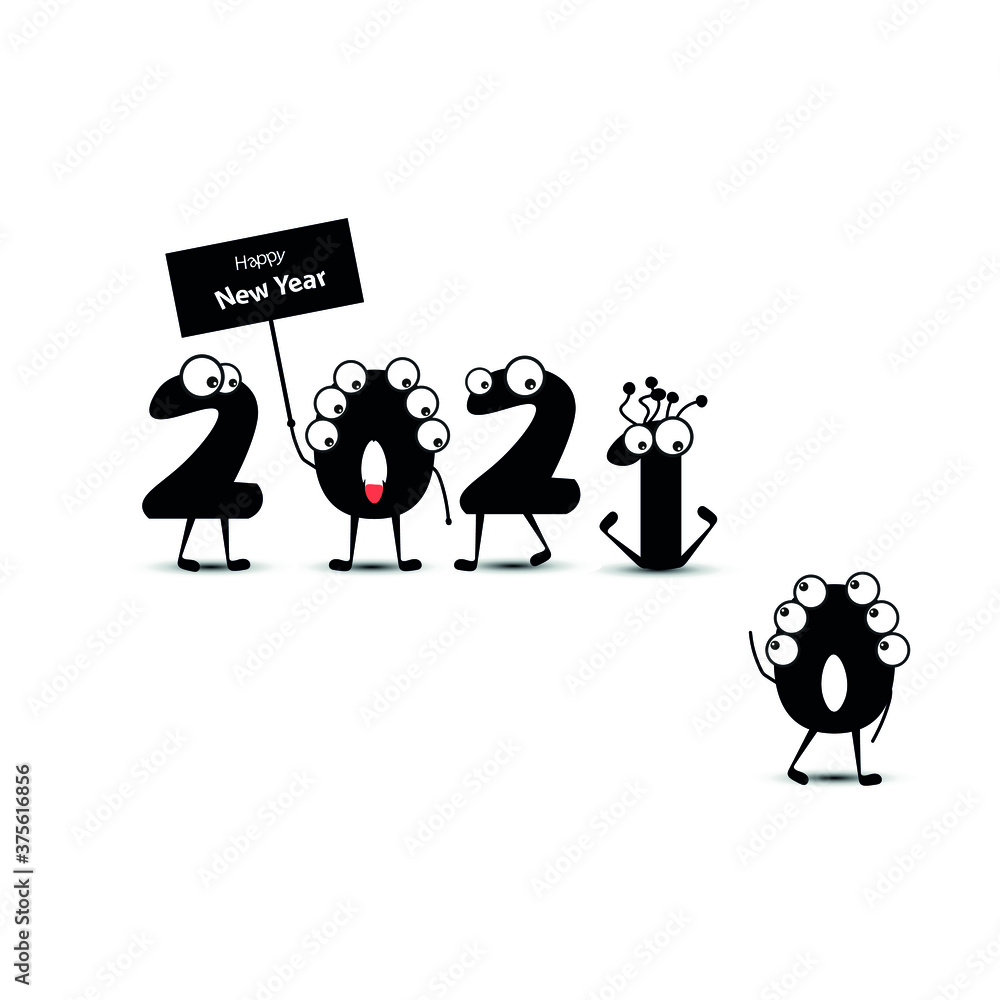 Obraz premium Merry new year 2021 card isolated on white background. Cartoon style. 2020 is leaving forever. Vector. Farewell to 2020