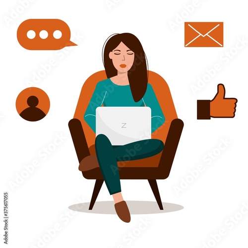 Work at home or remote work illustration design. Freelance woman sitting and working on laptop.